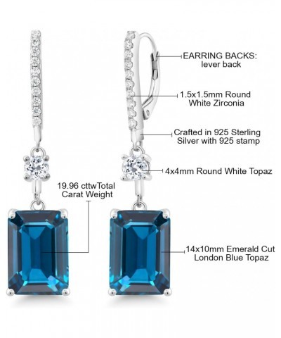 925 Sterling Silver London Blue Topaz and White Topaz Dangle Earrings For Women (19.96 Cttw, Gemstone Birthstone, Emerald Cut...