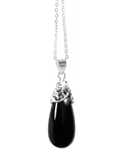 925 Sterling Silver Natural Black Onyx Gem Stone Flower Bail Teardrop Charm Pendant Chain Necklace 16 + 2" Extender $18.55 Ne...