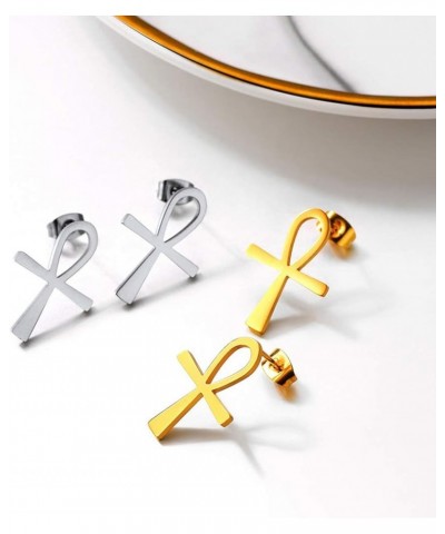 Crescent Moon Star/Ankh Stud Earrings, 18K Gold Plated Stainless Steel Earrings, Women Jewelry Gift Gold-Minimalist $10.08 Ea...