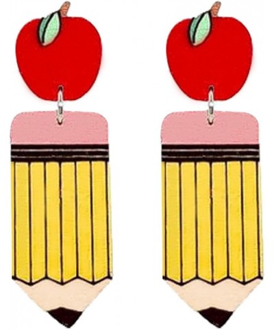 Teacher Earrings Pencil Earrings for Women Girls Cute Apple Pencil Ruler Shaped Dangle Earrings Wooden Lightweight Teacher Ea...