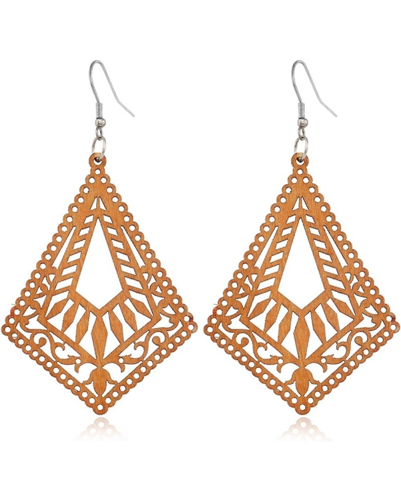 Wooden Earrings for Women - Big Round Circle Geometric Wood Drop Dangle Hook Earrings Rhombus Earrings A $7.43 Earrings