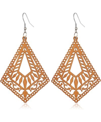 Wooden Earrings for Women - Big Round Circle Geometric Wood Drop Dangle Hook Earrings Rhombus Earrings A $7.43 Earrings