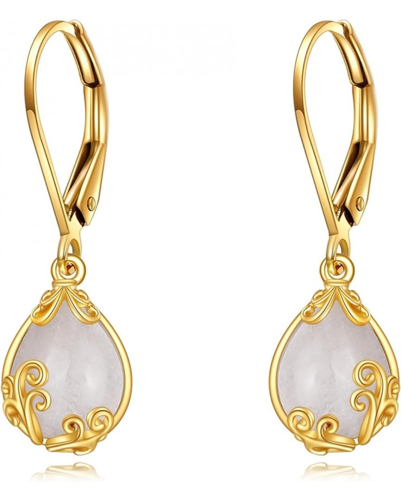 14K Solid Gold Filigree Dangle Earrings Trendy Leverback Earrings for Women Birthday Gifts Moonstone Filigree $132.75 Earrings