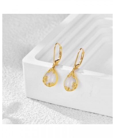 14K Solid Gold Filigree Dangle Earrings Trendy Leverback Earrings for Women Birthday Gifts Moonstone Filigree $132.75 Earrings