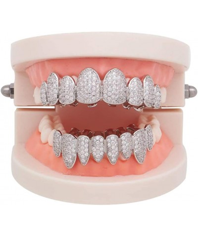 18K Gold Silver Pave Full CZ Grillz 8 Teeth Top and Bottom Grillz + Extra 2 Molding Bars Silver $12.00 Body Jewelry