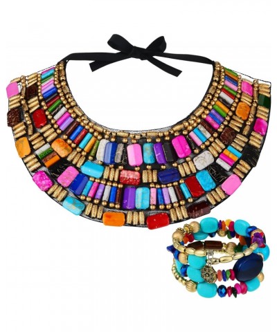 2 Pcs African Necklace Multicolour Bohemian Beads Statement Necklace Rainbow Chunky Layered Beaded Bib Necklace Multilayer Ar...