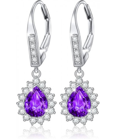 S925 Sterling Silver Vertical Teardrop Colored Created Crystal Rhinestones CZ Dangle Drop Earrings Gifts for Women Purple $8....