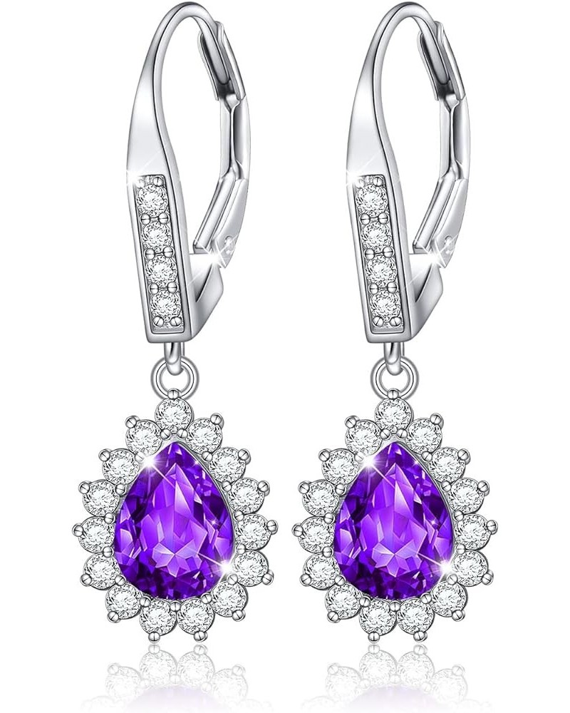 S925 Sterling Silver Vertical Teardrop Colored Created Crystal Rhinestones CZ Dangle Drop Earrings Gifts for Women Purple $8....