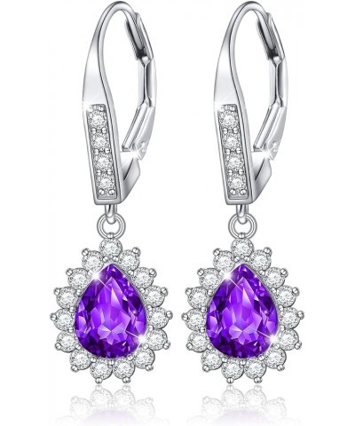 S925 Sterling Silver Vertical Teardrop Colored Created Crystal Rhinestones CZ Dangle Drop Earrings Gifts for Women Purple $8....