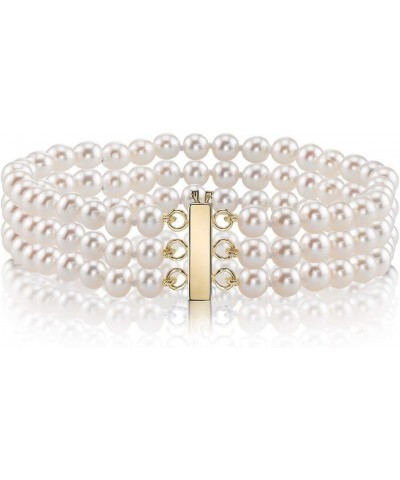 14K Gold 7-8mm AAAA Quality Round White Triple Freshwater Cultured Pearl Bracelet for Women 7.5 Inches Yellow Gold $201.60 Br...