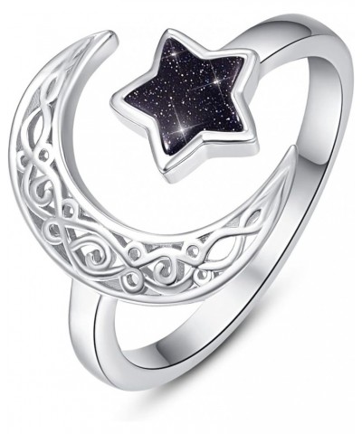 Sterling Silver Moon Star Sun Rings Adjustable Open Blue Sandstone Star Gold Sun Celestial Jewelry Cute Gifts for Women Girls...