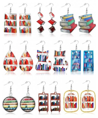 9 Pairs Book Earrings for Women Hoop Library Earrings Acrylic Fun Cat Bookcase Statement Book Lover Dangle Earrings for Teach...