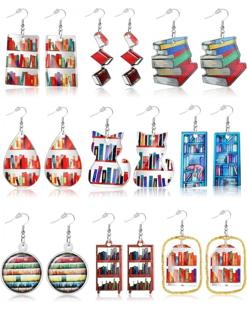 9 Pairs Book Earrings for Women Hoop Library Earrings Acrylic Fun Cat Bookcase Statement Book Lover Dangle Earrings for Teach...