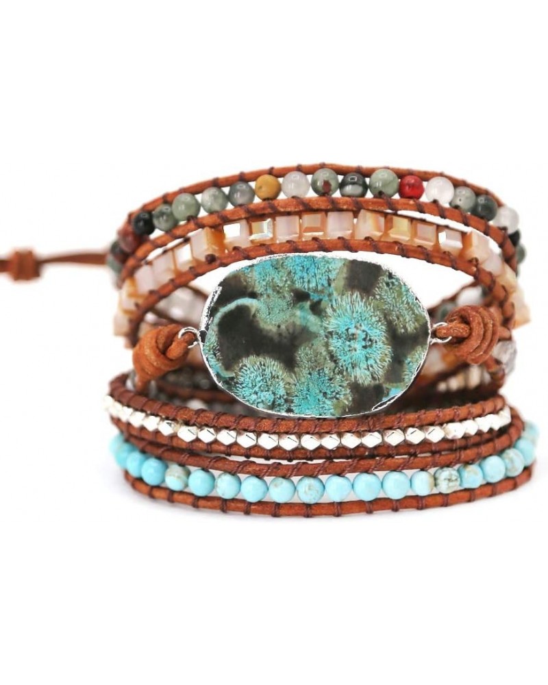 Handmade Natural Ocean Jasper Stone Genuine Leather 5X Wrap Bracelet Silver $11.39 Bracelets