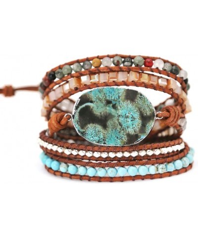 Handmade Natural Ocean Jasper Stone Genuine Leather 5X Wrap Bracelet Silver $11.39 Bracelets