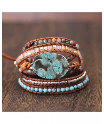 Handmade Natural Ocean Jasper Stone Genuine Leather 5X Wrap Bracelet Silver $11.39 Bracelets