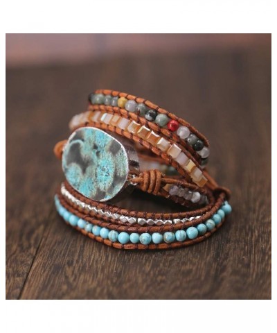 Handmade Natural Ocean Jasper Stone Genuine Leather 5X Wrap Bracelet Silver $11.39 Bracelets