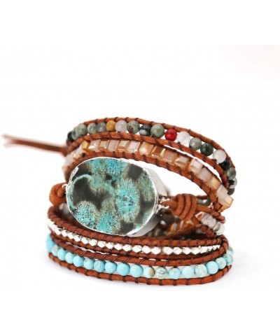 Handmade Natural Ocean Jasper Stone Genuine Leather 5X Wrap Bracelet Silver $11.39 Bracelets