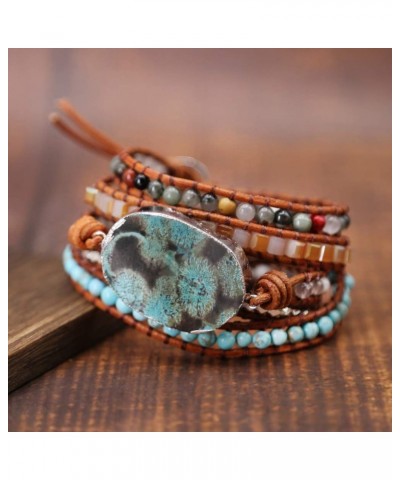 Handmade Natural Ocean Jasper Stone Genuine Leather 5X Wrap Bracelet Silver $11.39 Bracelets