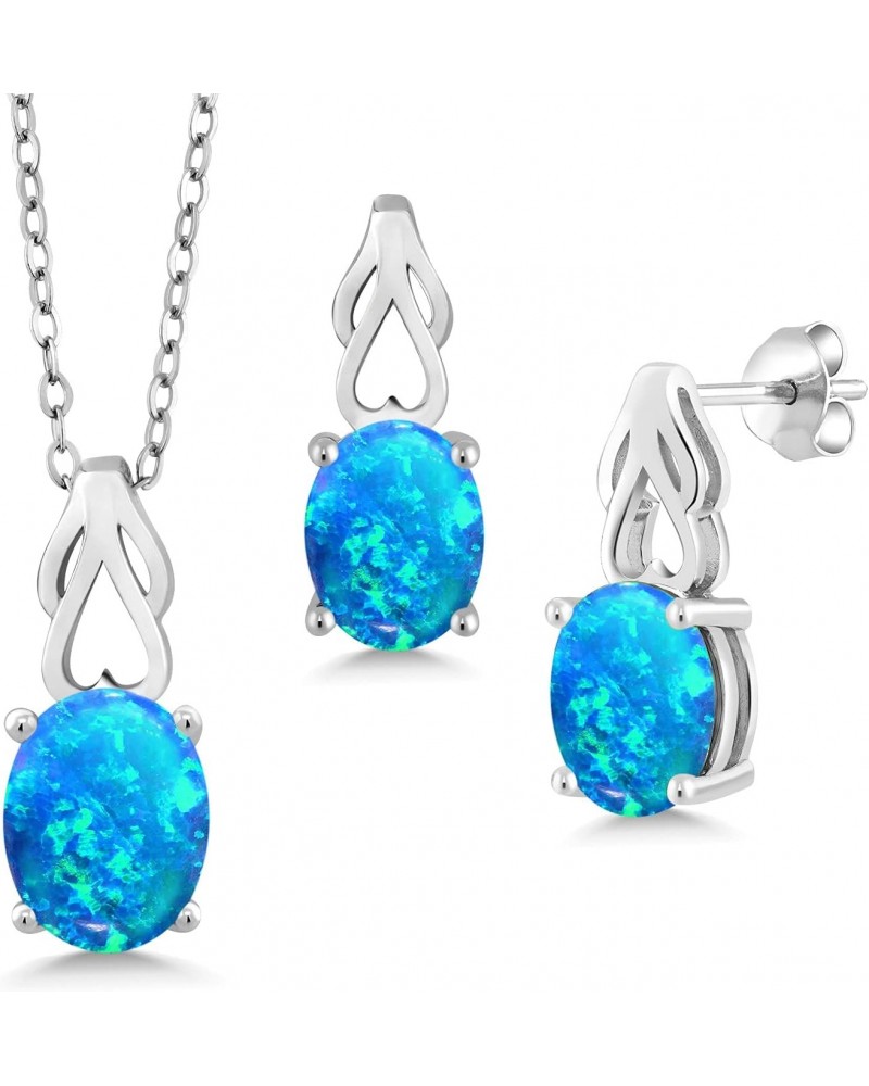 925 Sterling Silver Pear Shape Blue Opal Pendant and Earrings Jewelry Set For Women (1.68 Cttw, Gemstone October Birthstone, ...