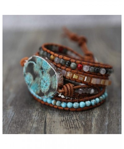 Handmade Natural Ocean Jasper Stone Genuine Leather 5X Wrap Bracelet Silver $11.39 Bracelets