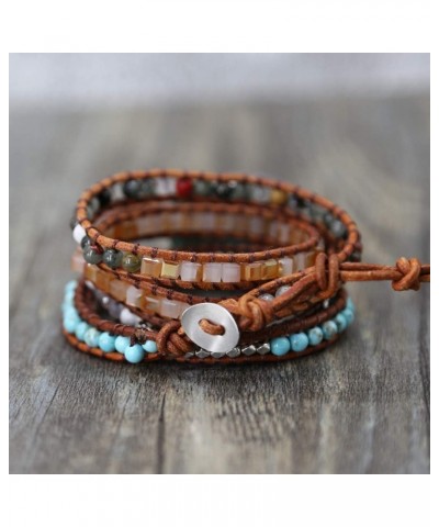 Handmade Natural Ocean Jasper Stone Genuine Leather 5X Wrap Bracelet Silver $11.39 Bracelets