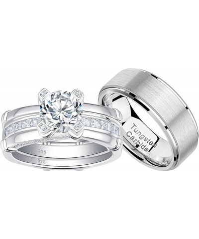 Wedding Ring Sets for him and her Women Sterling Silver CZ His Men Titanium Wedding Band Couples 925 Sterling Silver Size 5-1...