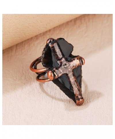 Big Cross Natural Black Obsidian Statement Ring for Women Girls Midi Thumb Adjustable Gemstone Dainty Trendy Simple Party Wed...