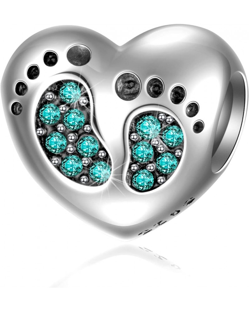 Baby Shower Gifts New Baby Footprint Birthstone Charm, 925 Sterling Silver Feet on Heart Beads, fits European Birthday Bracel...