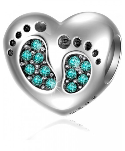 Baby Shower Gifts New Baby Footprint Birthstone Charm, 925 Sterling Silver Feet on Heart Beads, fits European Birthday Bracel...