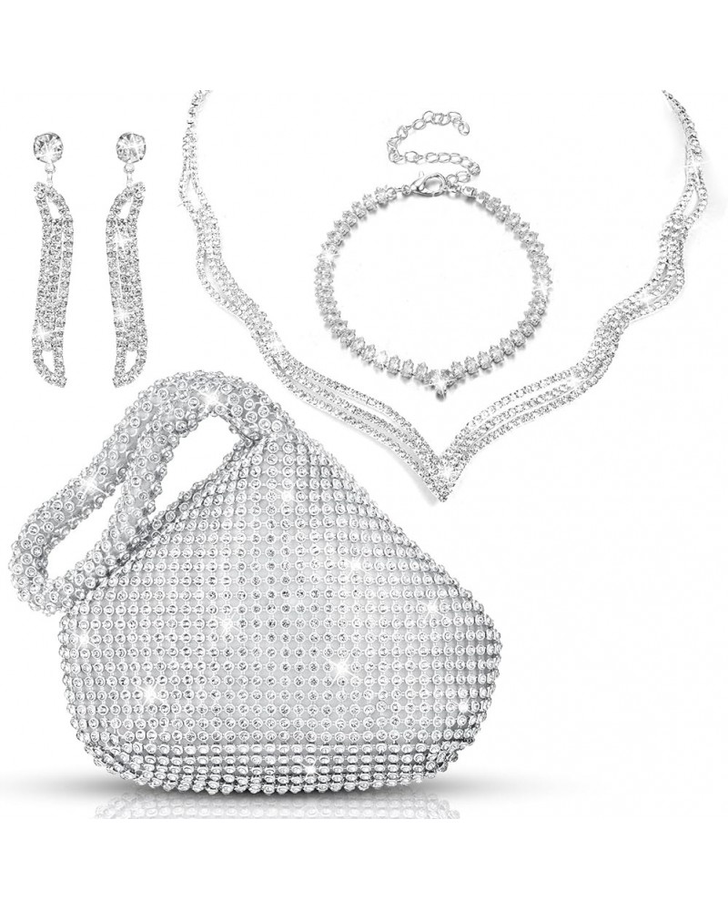 4 Pcs Silver Clutch Purse Jewelry Set for Women Evening Rhinestone Purse Silver Accessories for Women Bride Wedding Jewelry D...