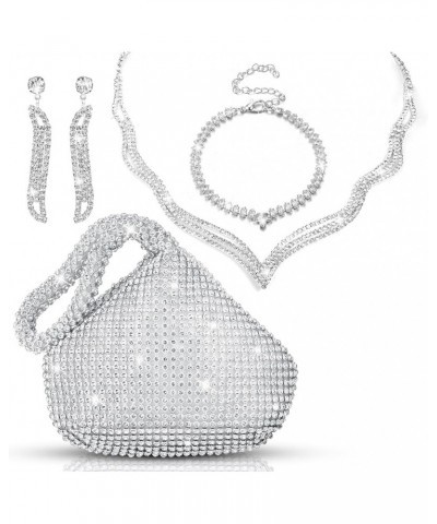 4 Pcs Silver Clutch Purse Jewelry Set for Women Evening Rhinestone Purse Silver Accessories for Women Bride Wedding Jewelry D...