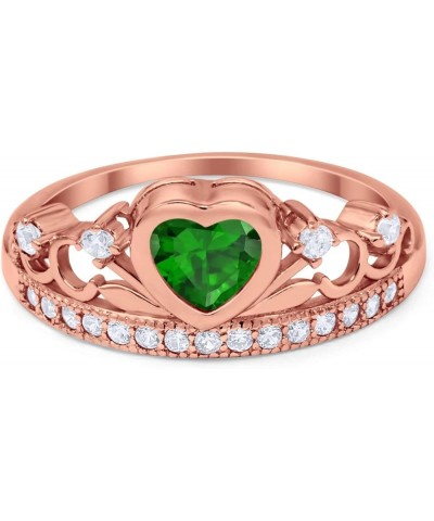 Heart Crown Ring Half Eternity Simulated Cubic Zirconia 925 Sterling Silver Choose Color Rose Tone, Simulated Green Emerald C...