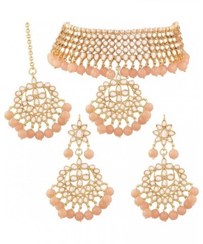 Indian Bollywood Gold Plated Kundan & Pearl Choker Necklace Jewelry Set For Women (K7058) Peach $17.92 Jewelry Sets