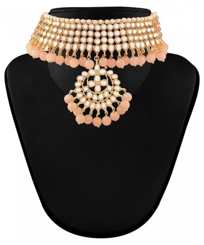 Indian Bollywood Gold Plated Kundan & Pearl Choker Necklace Jewelry Set For Women (K7058) Peach $17.92 Jewelry Sets