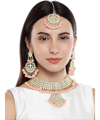 Indian Bollywood Gold Plated Kundan & Pearl Choker Necklace Jewelry Set For Women (K7058) Peach $17.92 Jewelry Sets