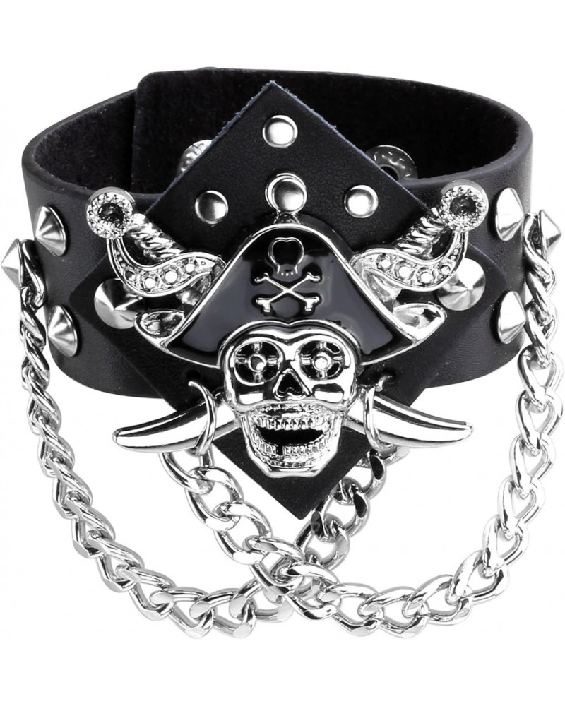 Black PU Leather Cuff Skull Biker Bracelet Wristband for Women Men Chains Bangle Adjustable A $8.09 Bracelets