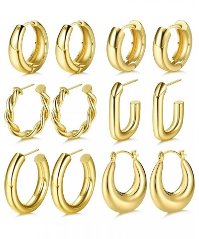 6 Pairs 14K Gold Chunky Hoop Earrings for Women Lightweight Chunky Hoop Earrings Thick Open Twisted Huggie Hoop Earrings Jewe...