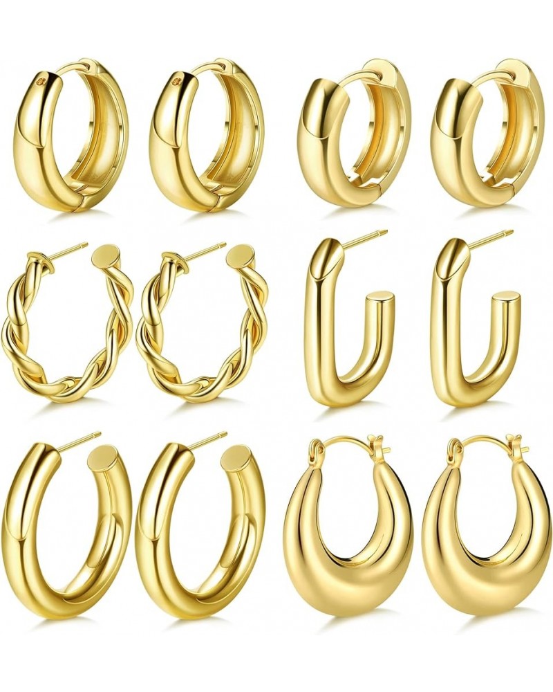 6 Pairs 14K Gold Chunky Hoop Earrings for Women Lightweight Chunky Hoop Earrings Thick Open Twisted Huggie Hoop Earrings Jewe...