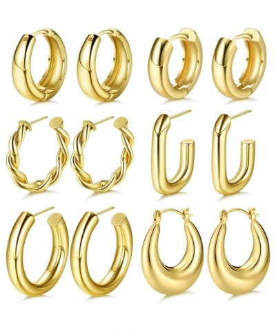 6 Pairs 14K Gold Chunky Hoop Earrings for Women Lightweight Chunky Hoop Earrings Thick Open Twisted Huggie Hoop Earrings Jewe...