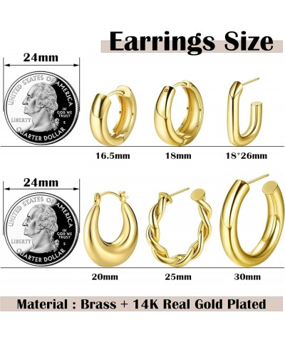 6 Pairs 14K Gold Chunky Hoop Earrings for Women Lightweight Chunky Hoop Earrings Thick Open Twisted Huggie Hoop Earrings Jewe...