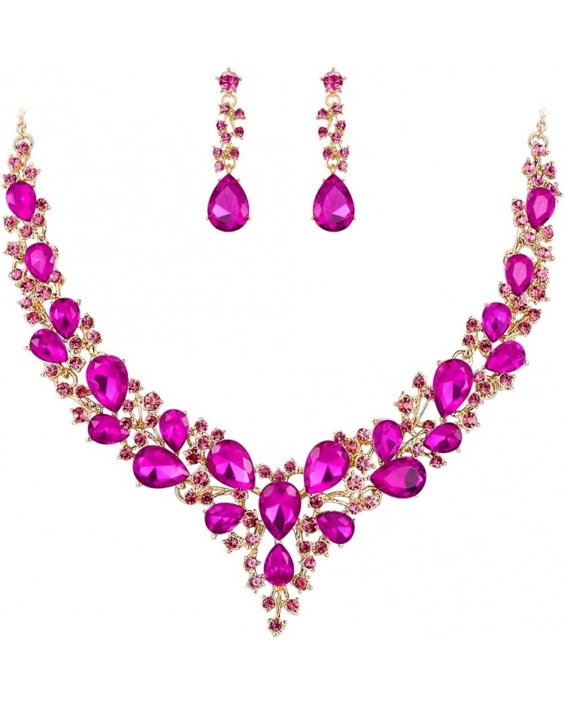 Women's Wedding Bridal Austrian Crystal Teardrop Cluster Statement Necklace Dangle Earrings Jewelry Set 15-Fuchsia Gold-Tone ...