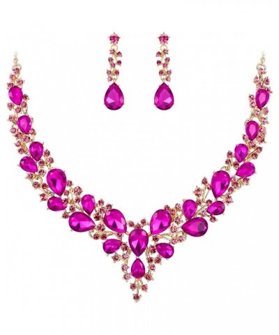 Women's Wedding Bridal Austrian Crystal Teardrop Cluster Statement Necklace Dangle Earrings Jewelry Set 15-Fuchsia Gold-Tone ...