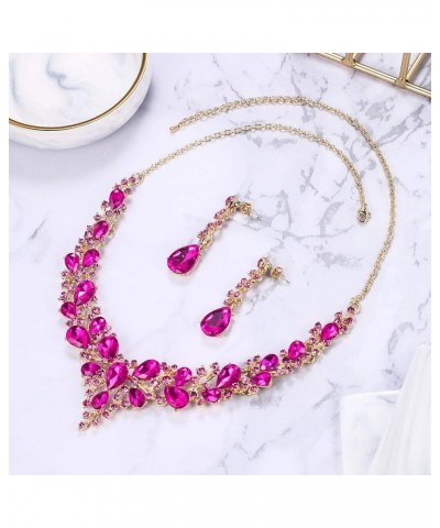 Women's Wedding Bridal Austrian Crystal Teardrop Cluster Statement Necklace Dangle Earrings Jewelry Set 15-Fuchsia Gold-Tone ...