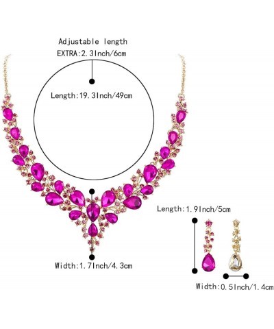 Women's Wedding Bridal Austrian Crystal Teardrop Cluster Statement Necklace Dangle Earrings Jewelry Set 15-Fuchsia Gold-Tone ...