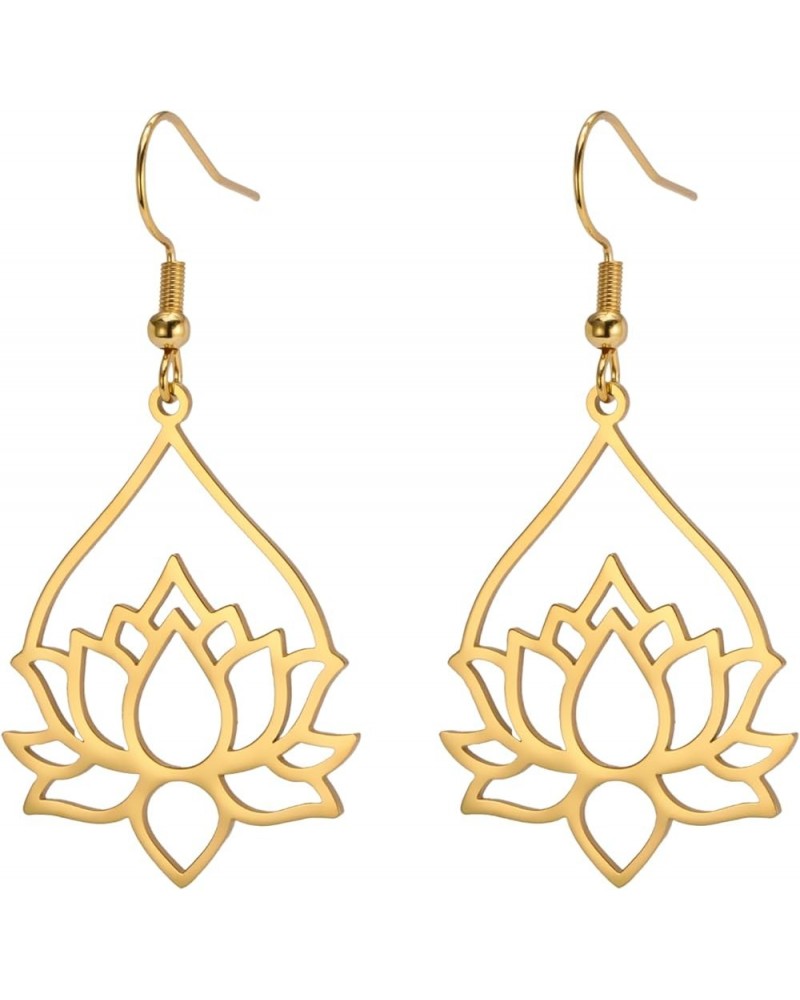 Stainless Steel Lotus Flower Dangle Earrings Bohemian Drop Earring Unique Geometric Jewelry for Women Lotus 7-Gold $9.37 Earr...