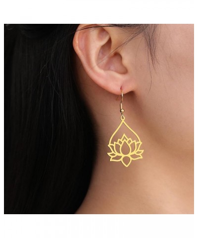 Stainless Steel Lotus Flower Dangle Earrings Bohemian Drop Earring Unique Geometric Jewelry for Women Lotus 7-Gold $9.37 Earr...