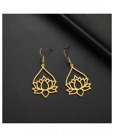 Stainless Steel Lotus Flower Dangle Earrings Bohemian Drop Earring Unique Geometric Jewelry for Women Lotus 7-Gold $9.37 Earr...