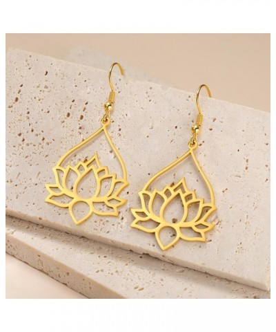 Stainless Steel Lotus Flower Dangle Earrings Bohemian Drop Earring Unique Geometric Jewelry for Women Lotus 7-Gold $9.37 Earr...