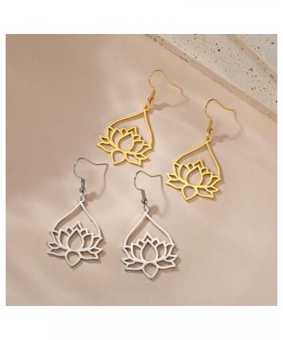 Stainless Steel Lotus Flower Dangle Earrings Bohemian Drop Earring Unique Geometric Jewelry for Women Lotus 7-Gold $9.37 Earr...